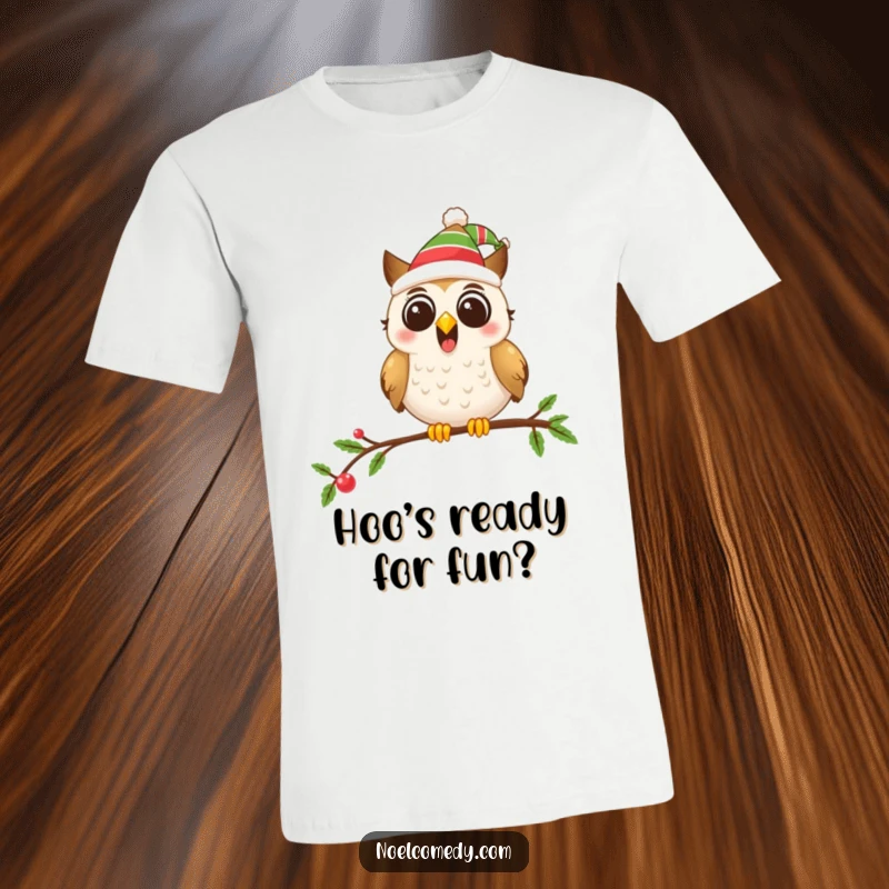 Funny t-shirt graphic of an excited owl with a party hat on a decorated branch, perfect for holidays.