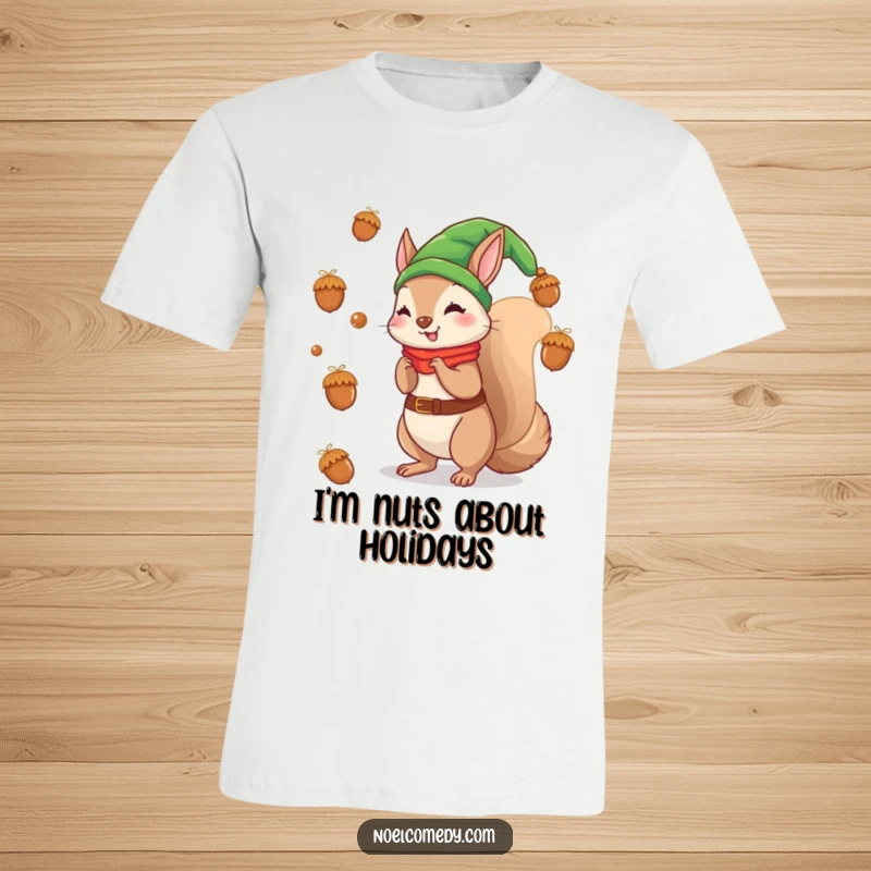 Funny t-shirt of a squirrel elf tossing acorns as ornaments, bringing holiday cheer and whimsy.