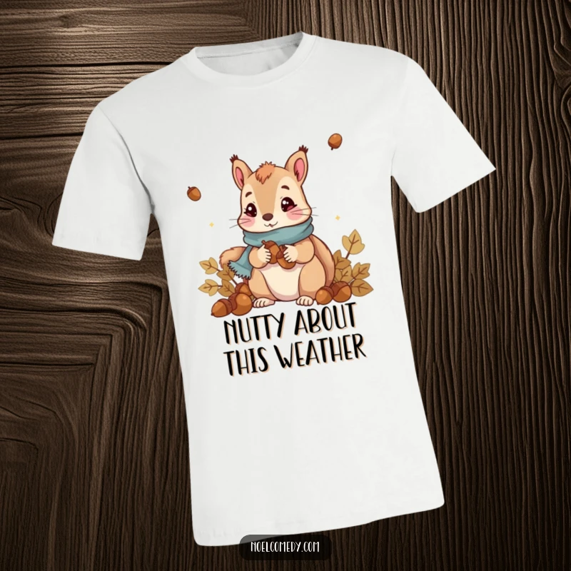 Funny Squirrel T-Shirt: A cute squirrel wearing a scarf gathers acorns, perfect for nature lovers and humor enthusiasts.