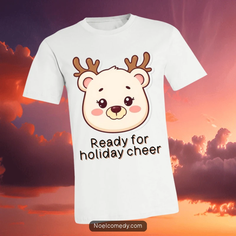 Funny t-shirt showing a smiling bear wearing a reindeer antler headband, embodying holiday cheer and winter fun.