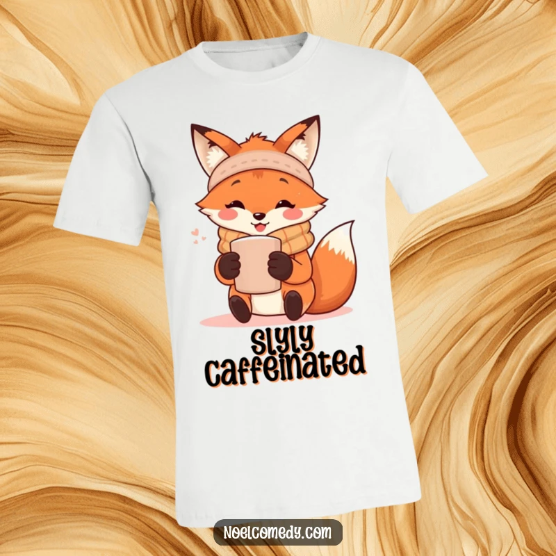 Funny T-Shirt: A cheerful fox dressed in a knitted scarf, holding a mug radiating warmth and autumnal happiness.