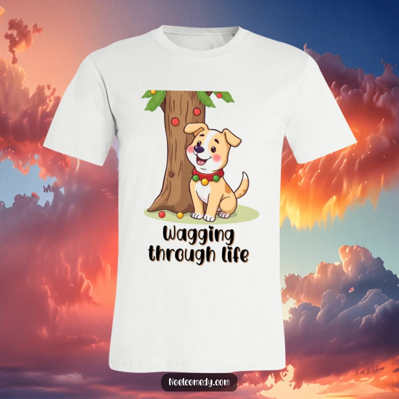Funny t-shirt of a cheerful dog in a festive collar wagging its tail near a holiday tree.