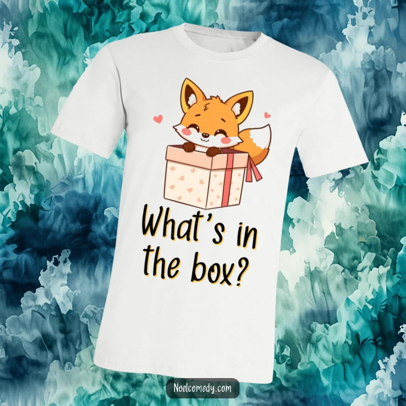 Funny T-Shirt: A cheerful fox peeking playfully from an open gift box, radiating curiosity and humor.