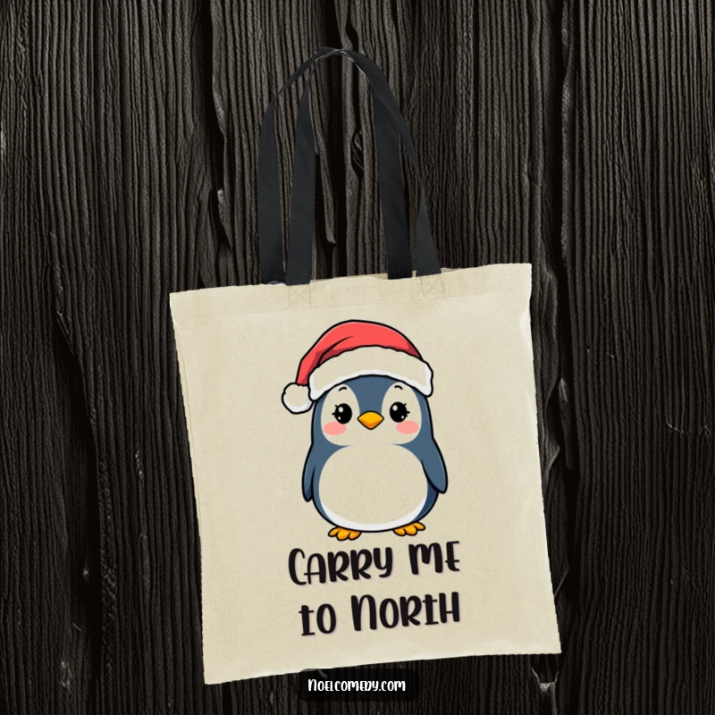 Funny Tote Bag: A smiling penguin in a Santa hat, ready to carry holiday essentials with festive, humorous style.