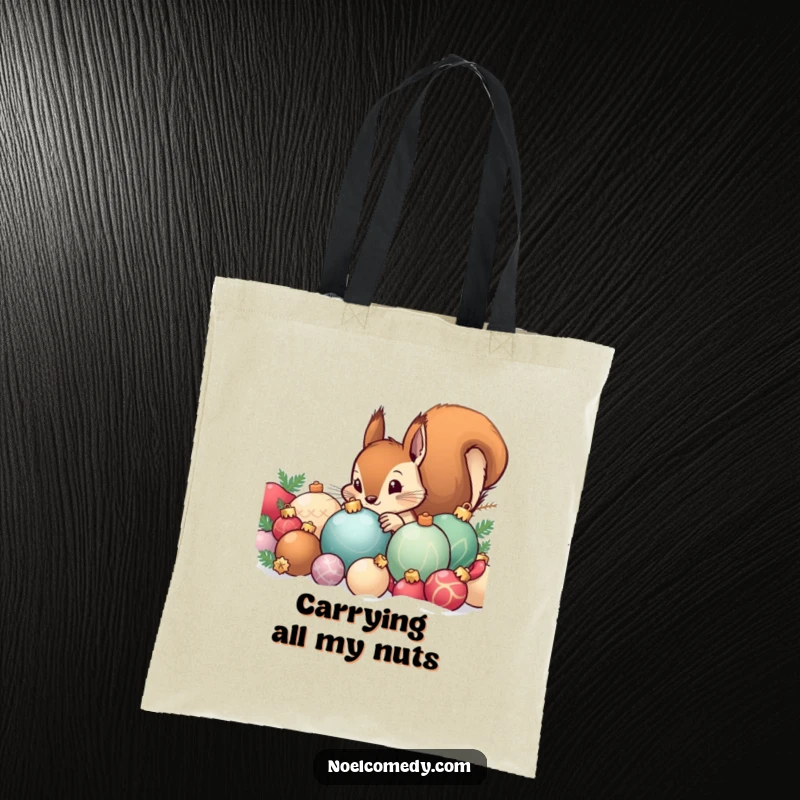 Funny tote bag illustration of a curious squirrel peeking out from behind a stack of festive Christmas ornaments, ready for holiday shopping.