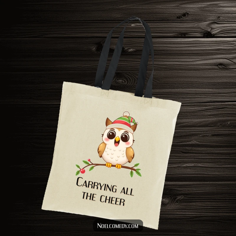 Funny tote bag with a festive owl in a hat on a decorated branch, great for holiday events.