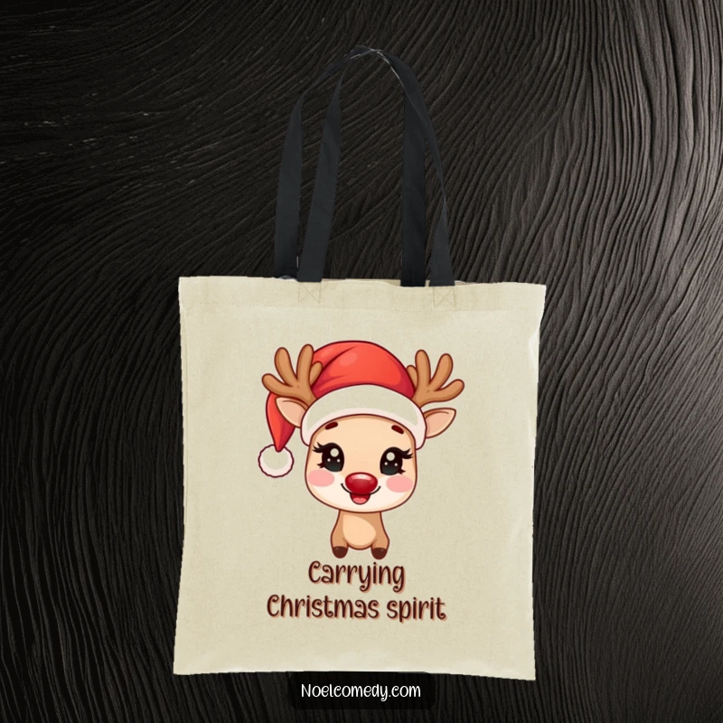 Funny Tote Bag featuring a joyful reindeer wearing a Santa hat with twinkling eyes, ready for holiday errands.