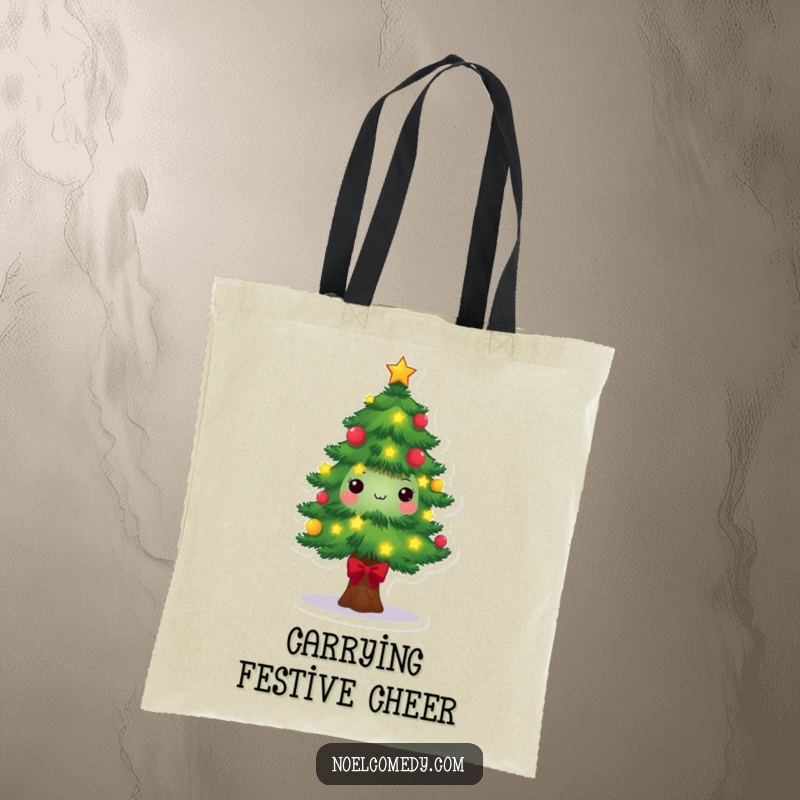 Festive Pine Tree Tote Bag: A cheerful pine tree character decorated with bright lights and stars, ready for holiday errands and festivities.