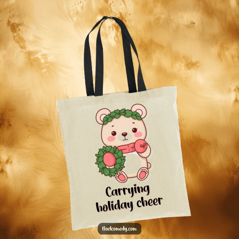 Funny tote bag with a cheerful bear in mittens holding a wreath. Perfect for holiday shopping.