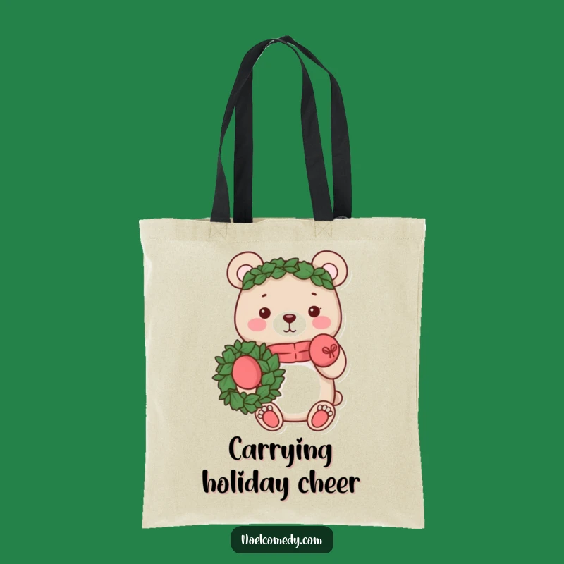 Funny Bear Wreath Tote Bag: Carry holiday cheer with this woodland character, a perfect funny gift.