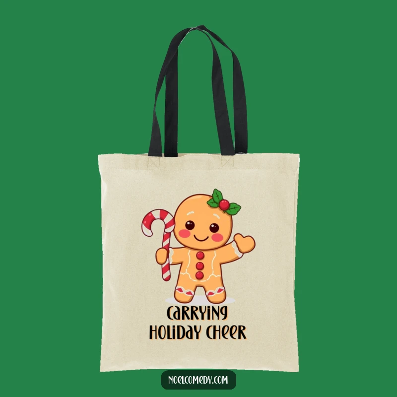 Funny Gingerbread Man Tote Bag: Festive Character Waving Candy Cane, Stylish Holiday Carryall