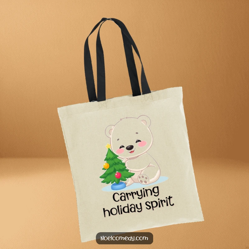 Funny tote bag illustration of a smiling polar bear cub adorning a small Christmas tree, perfect for holiday shopping and gifts.