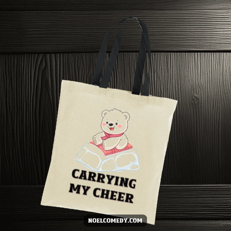 Funny Polar Bear Cub Canvas Tote Bag: A happy cub slides downhill on a gift box, a charming and funny gift for shoppers.