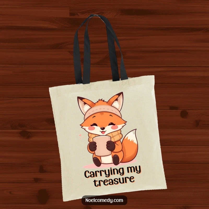 Funny Tote Bag: A happy fox sporting a scarf, holding a warm mug, designed for lovers of cozy aesthetics.