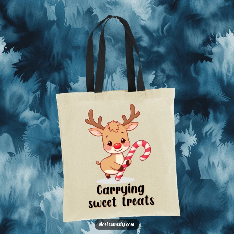 Funny tote bag illustration of a playful reindeer gently nudging a striped candy cane, perfect for holiday shopping and spreading cheer.
