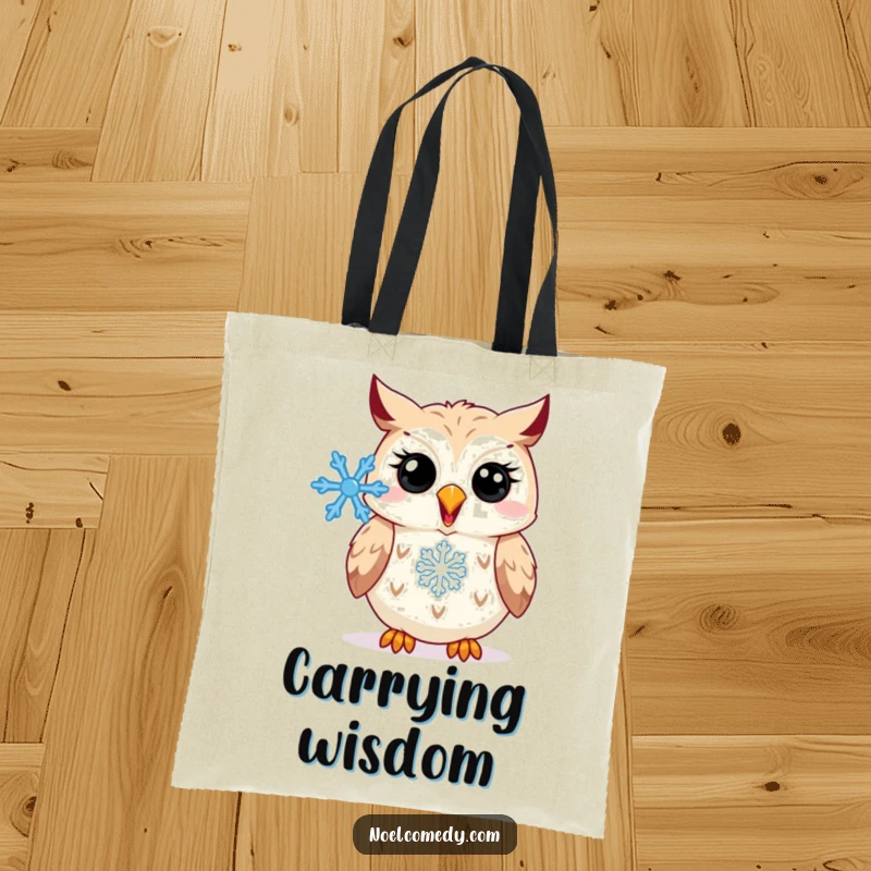Funny Tote Bag: A happy owl hooting with a snowflake, ready to carry your winter items with humorous charm.