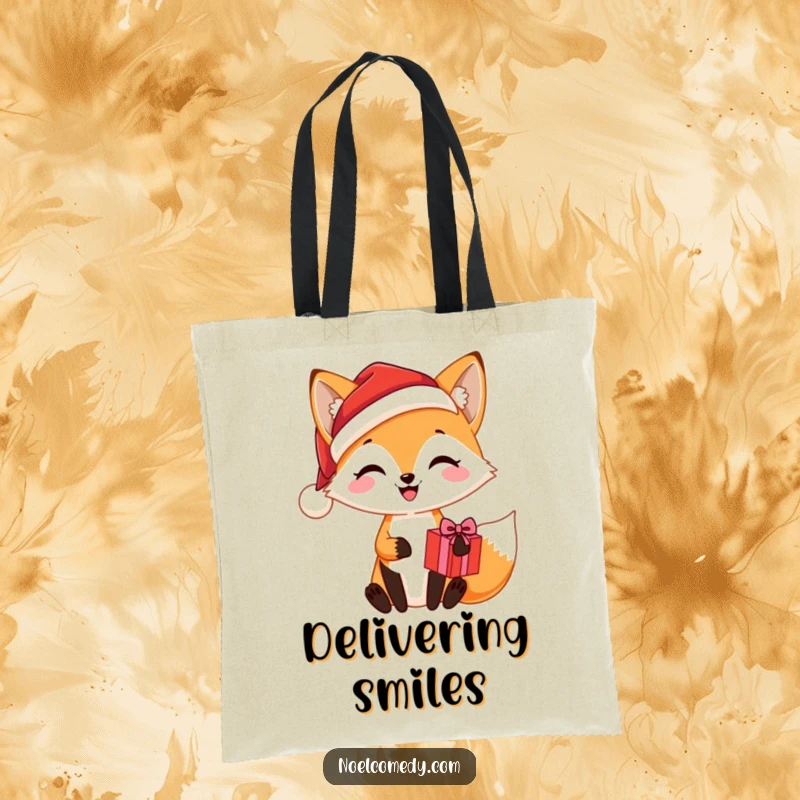 Funny tote bag illustration of a joyful fox in a Santa hat holding a gift, perfect for holiday shopping and spreading cheer.
