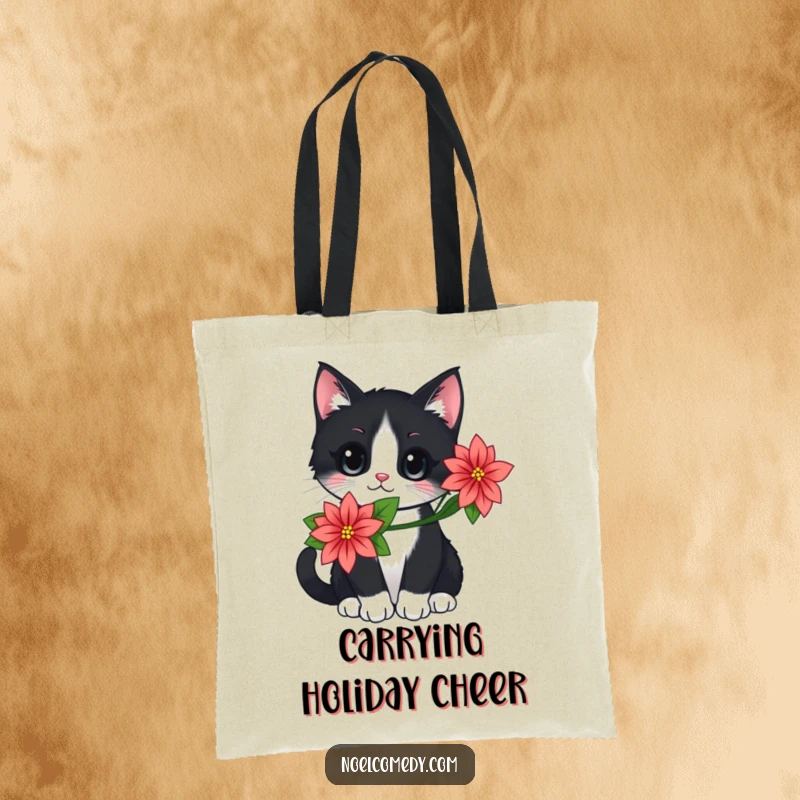 Funny tote bag featuring a black and white cat with a poinsettia, perfect for carrying holiday essentials with festive flair.