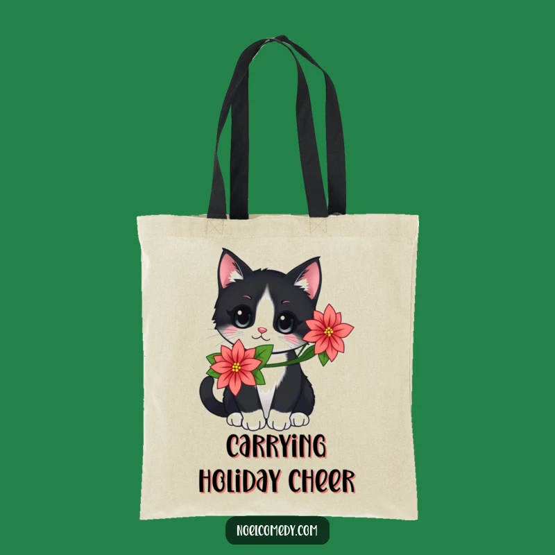 Festive Cat Poinsettia Tote Bag, Holiday Shopping Gift, Cute Carryall