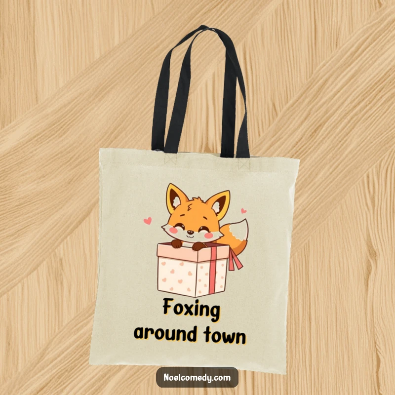 Funny Tote Bag: A cheerful fox peeking from a gift box, ready to carry your items with whimsical humor.
