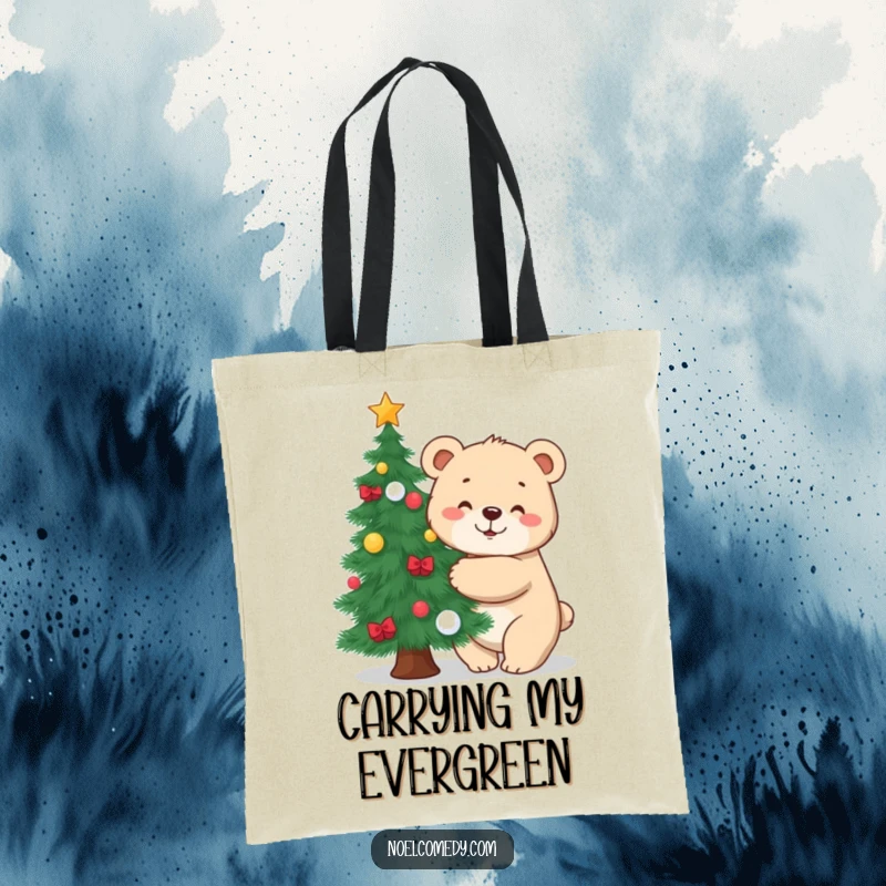 Funny tote bag showcasing a cheerful bear cub in a festive embrace with a decorated pine tree, ready for holiday shopping.