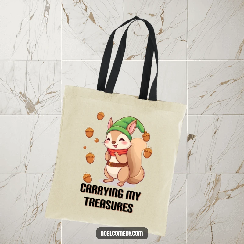Funny tote bag with a squirrel elf tossing acorns like ornaments, perfect for holiday shopping.