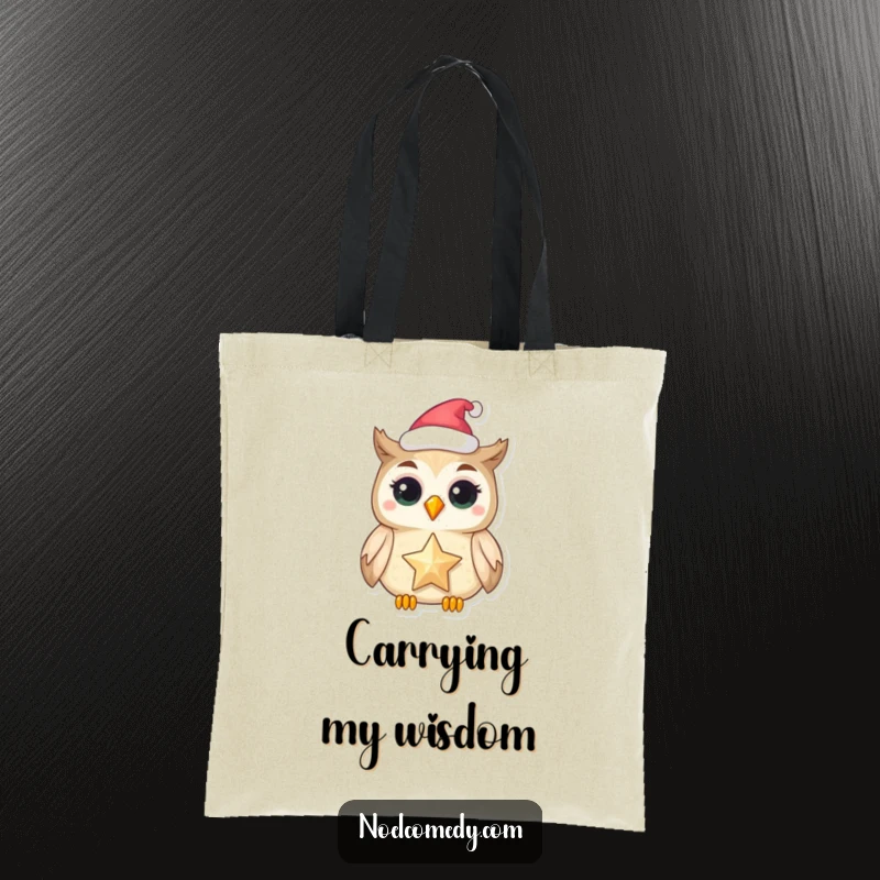 Funny tote bag with a delighted owl in a festive hat holding a shimmering star, for everyday use.