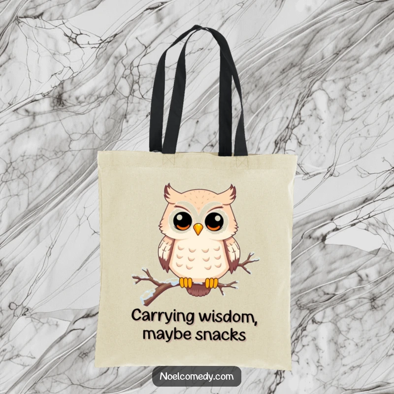 Funny tote bag with a happy owl with wide eyes on a snowy branch. Perfect for carrying essentials.