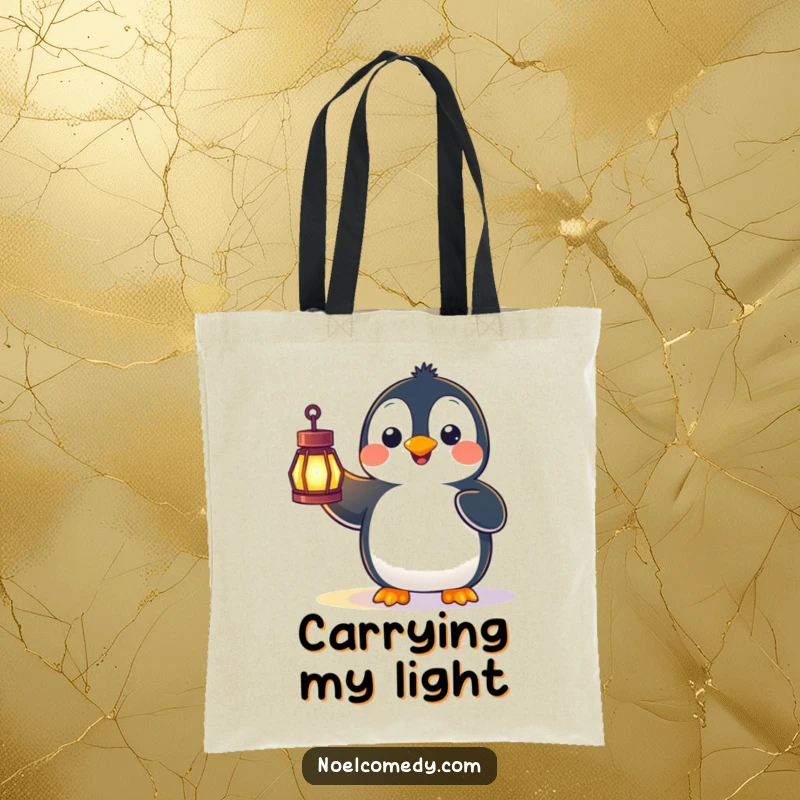 Funny tote bag showcasing a happy penguin looking comically surprised while holding a glowing lantern, perfect for carrying treasures.