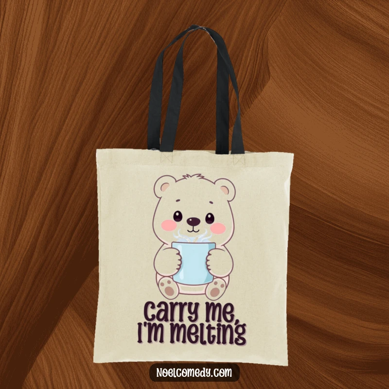 Funny tote bag with a smiling polar bear holding a steaming mug, ideal for carrying essentials with style.