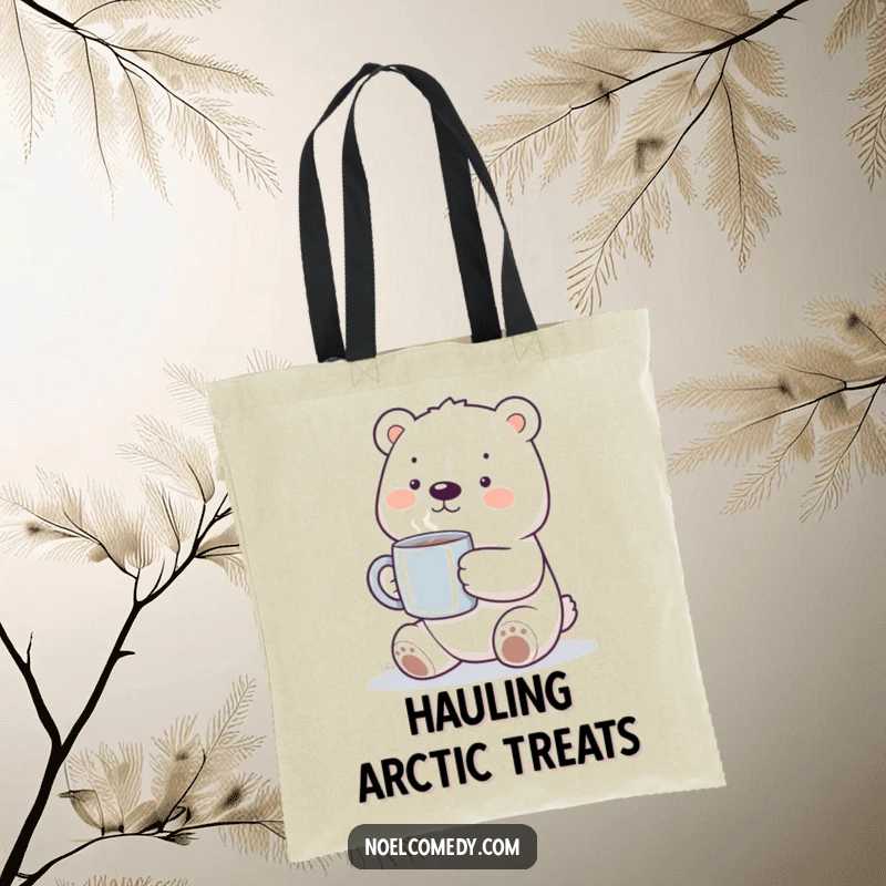 Funny polar bear tote bag showcasing a smiling bear holding a steaming mug, perfect for carrying essentials with cozy charm.