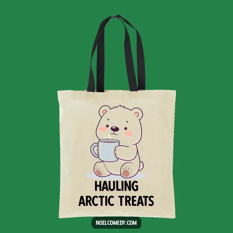 Funny Polar Bear Tote Bag: Smiling Bear with Steaming Mug, Cute Funny Gift
