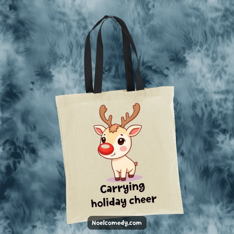 Funny Tote Bag: A cute reindeer with a glowing red nose, ready to carry holiday essentials with festive, humorous style.