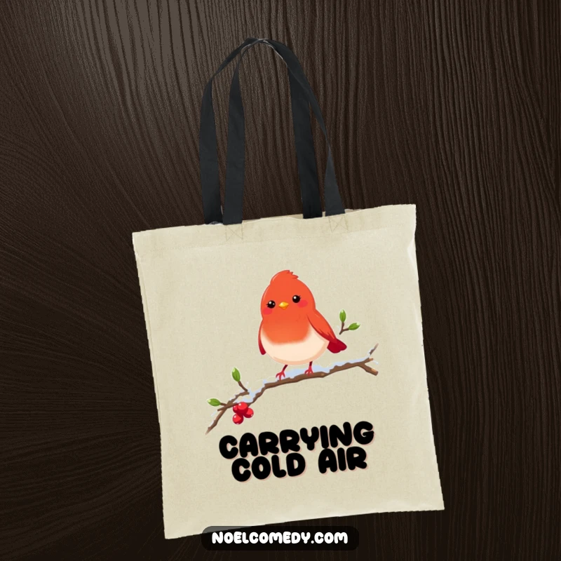Funny red robin tote bag showcasing a cheerful bird on a snowy branch, perfect for carrying essentials with winter flair.