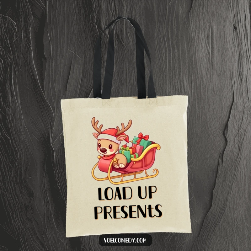 Funny tote bag showcasing a small reindeer wearing a Santa hat, pulling a sleigh overloaded with presents, ideal for holiday errands.