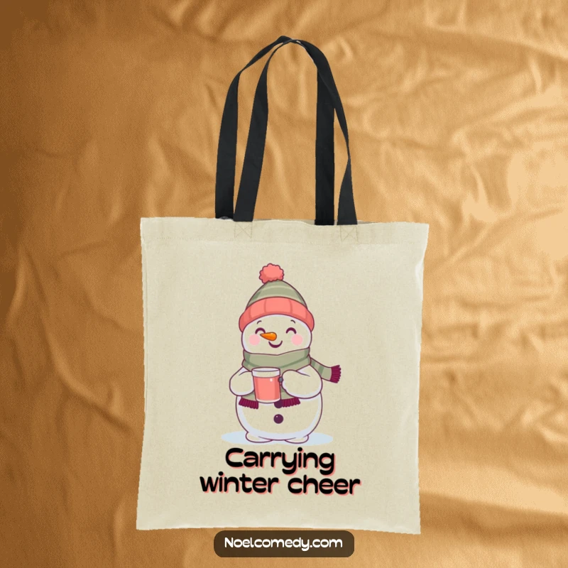 Funny tote bag with a cheerful snowman wearing a scarf and holding a drink. Perfect for holiday shopping.
