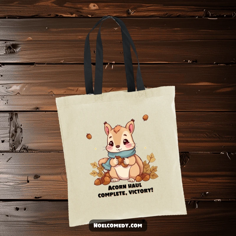 Funny Squirrel Tote Bag: Cute squirrel in a scarf collecting acorns, practical and humorous for everyday use.