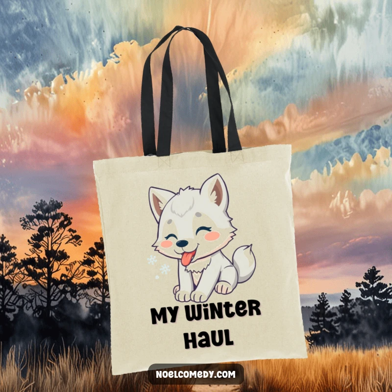 Funny tote bag showcasing a playful wolf pup catching snowflakes, ideal for carrying winter essentials with style.