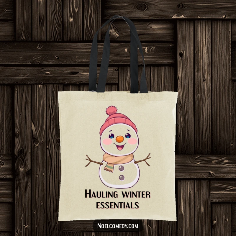 Funny snowman tote bag with a joyful character sporting a carrot nose, practical and charming for winter errands.