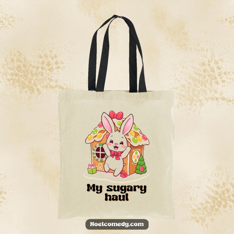 Funny tote bag showcasing a bouncing bunny decorating a gingerbread house, ideal for holiday grocery trips.